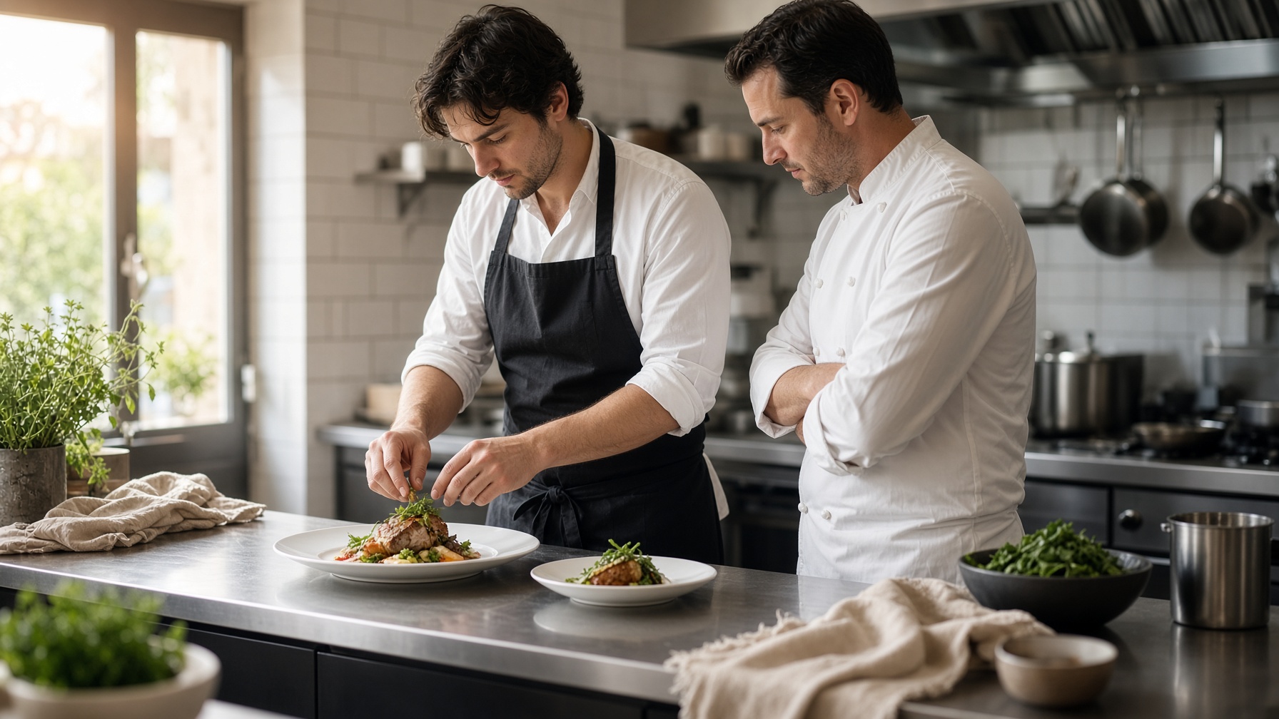 Cocina de restaurante con delantal y chaquetilla