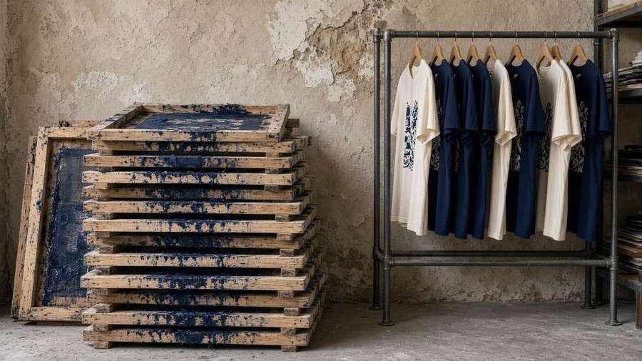 Pantallas apiladas y camisetas colgadas en el taller